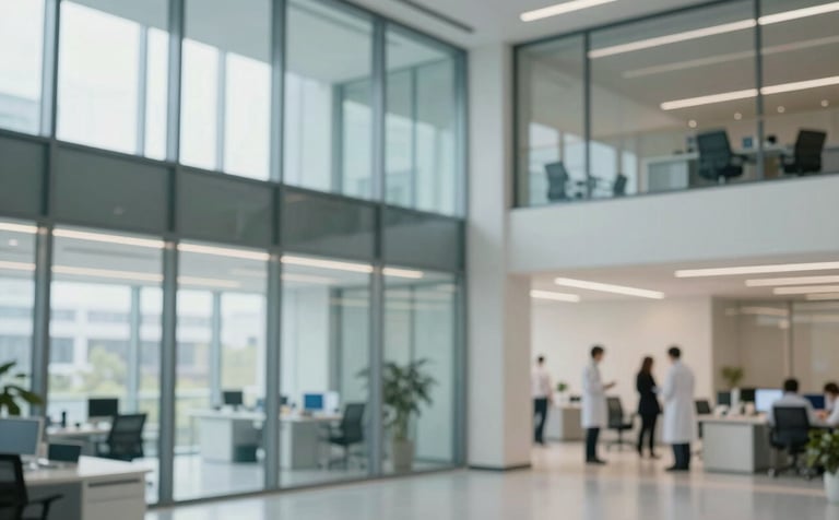 An architectural view of a modern research facility office. Large glass windows, clean lines, and a palette of Refreshing Parchment (#FBF8F0) and Turkish Blue (#4C7C9D). Professional scientists are seen in the distance collaborating, suggesting trust and expertise.