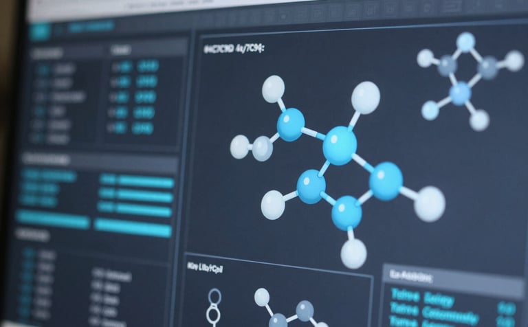 A close-up of a digital interface showing complex scientific data visualizations and molecular structures. The color palette uses Turkish Blue (#4C7C9D) and Light Blue (#8BAABF) on a Deep Grey (#2A363B) background, evoking a sense of innovative research and technological advancement.