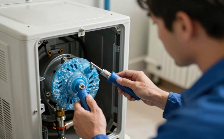 A focused HVAC inspector checking the internal components of a high-end furnace in a clean North American / US residential utility room. The lighting is crisp, highlighting soft crystalline blue elements on the tools.