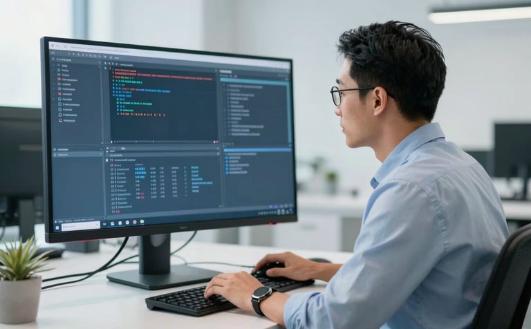 A focused professional in a bright, modern North American corporate office, providing remote IT support via a large high-resolution monitor. The style is professional and trustworthy. Palette colors: medium blue and white.