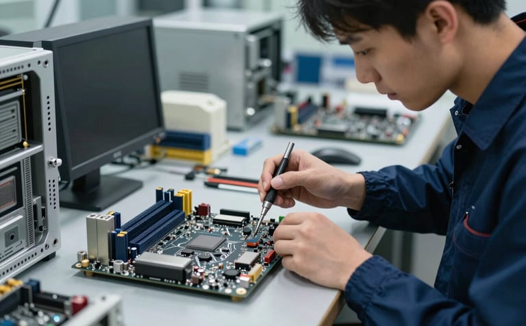 A professional technician in a clean, modern North American workshop, carefully examining a computer motherboard with precision tools. The lighting is crisp and cool, highlighting the metallic components. Palette colors include dark blue and silver accents.