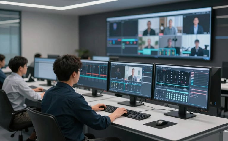 High-tech university control room featuring professional vMix workstations. Multiple monitors display live video feeds and production interfaces. The lighting is cool and sophisticated using tones of #0D1A2F and #7F94AB. Clean, modern workspace with technical authority.