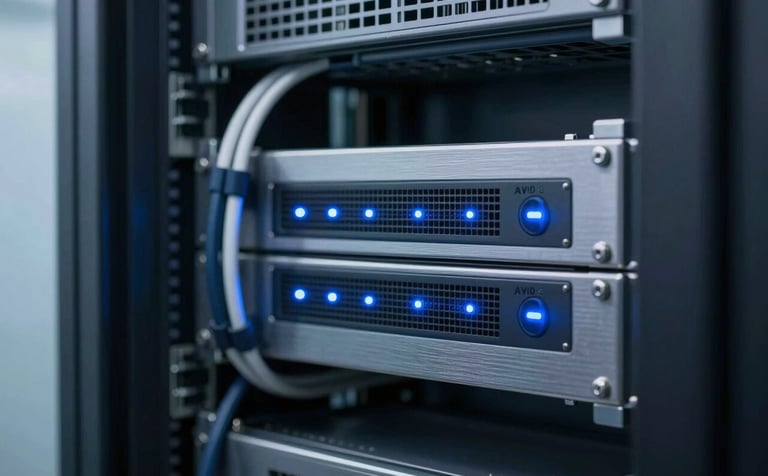 Close-up of a high-tech server rack and network infrastructure for AV systems. Clean cable management, blue status LEDs, and brushed metal surfaces. Reflects technical authority and reliability using brand colors #0D1A2F and #34495E.
