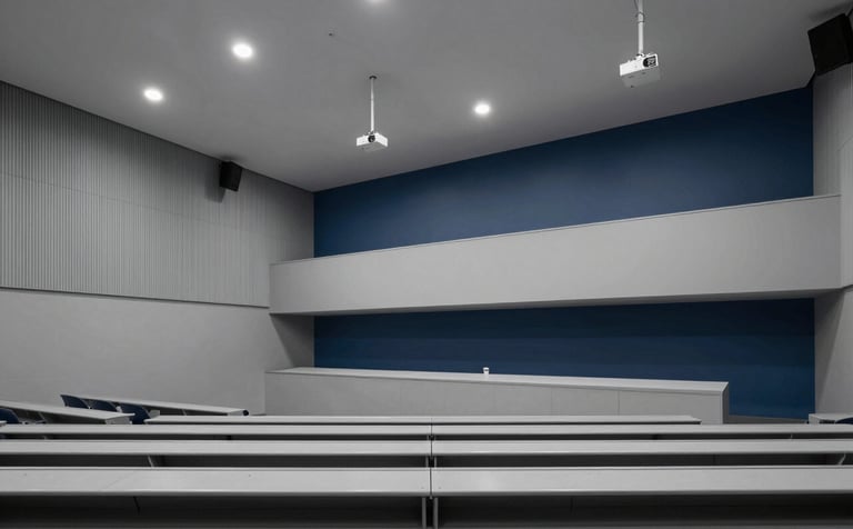 Architectural view of a modern university auditorium integrated with technical precision. Features discreet ceiling speakers and high-end projectors in a minimalist setting. Steel gray #34495E and midnight blue #0D1A2F highlights accentuate the engineering excellence.