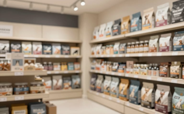 A well-organized pet shop in Kolkata with shelves stocked with high-quality dog and cat food. The design is modern and clean, utilizing the #F3F3E9 beige and #3D3B40 charcoal colors to create a professional retail atmosphere.