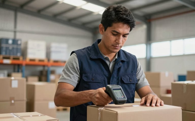 A focused logistics worker in a South American warehouse setting, wearing a dark blue uniform vest, carefully scanning a cardboard box with a handheld device. Bright, modern, indoor lighting.