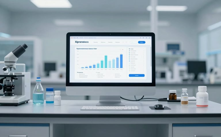 A modern, high-tech pharmaceutical or laboratory setting with glass surfaces and digital screens displaying regulatory compliance charts. The color palette features sophisticated shades of grey and soft blues, suggesting unwavering trustworthiness and expertise in regulatory matters.