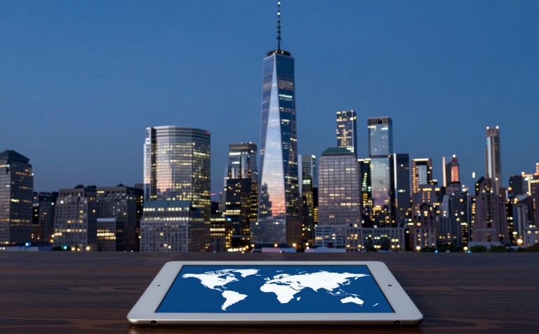 A panoramic view of a global financial district skyline at dusk, with skyscraper lights reflecting in a glass facade. The sky is a deep midnight blue. In the foreground, a dark wooden table with a silver tablet shows a world map, symbolizing international legal reach and strategic insight.