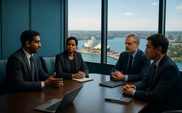 A high-end corporate boardroom in a Sydney high-rise with a view of the harbor, where Australian / Indian business professionals are discussing strategy. The atmosphere is professional and authoritative, with decor in deep teal and muted blue tones under bright, natural light.