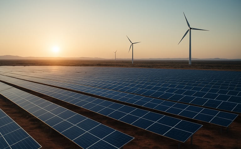 A vast field of solar panels and distant wind turbines in the Australian outback during sunrise. The scene represents clean energy transition and Australian / Indian business collaboration, with soft light blue and off-white lighting.