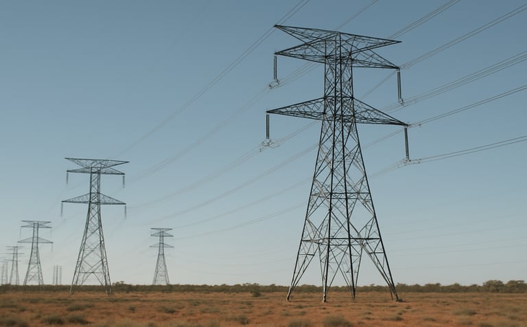 Large-scale electrical transmission infrastructure under a clear light blue sky in the Australian landscape. The shot is clean and industrial, showing massive steel towers and power lines, conveying the scale of Australian / Indian business energy projects.