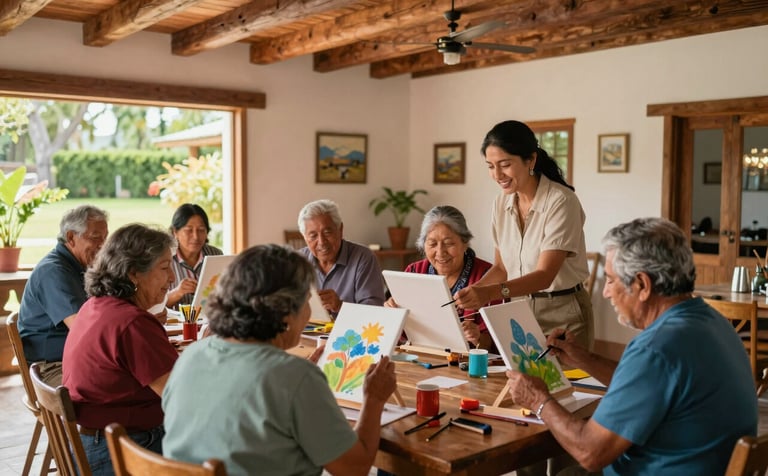 A group of cheerful seniors in a bright, cozy community room with South American architecture features like wooden beams. They are engaged in a group painting activity, guided by a warm professional. The room is filled with light and opens up to a garden. Professional photography, warm and welcoming mood.