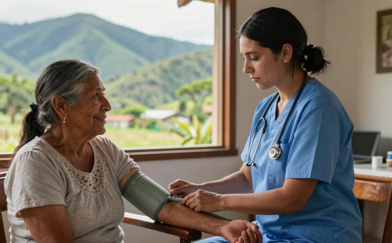 A compassionate South American nurse in professional attire checking the blood pressure of a smiling elderly person in a warm, sunlit room. The background shows a glimpse of lush green mountains through a window, reflecting the Choachí landscape. The lighting is soft and natural, emphasizing a calm and reliable atmosphere.