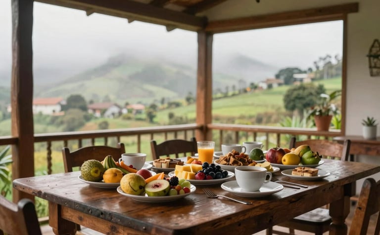 A beautiful view of a dining area in a South American rural house. On a rustic wooden table, there is a spread of fresh, healthy Colombian breakfast including local fruits and organic products. Through the large windows, the misty, green and serene landscape of Cundinamarca is visible. Warm, earthy brown and soft green tones.