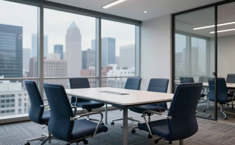 Photography of a sleek, modern North American conference room. Large glass windows reveal a blurred city skyline. The interior features dark blue ergonomic chairs and a minimalist white table under soft, professional lighting. The composition is clean and sophisticated.