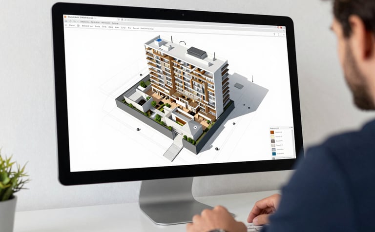 A close-up of a high-resolution monitor in a sleek, minimalist office. The screen displays a detailed 3D floor plan of a luxury penthouse in Alicante. The workspace is clean, with steel blue and porcelain white accents, where a professional in a Southern European / Spanish studio works on property layouts.