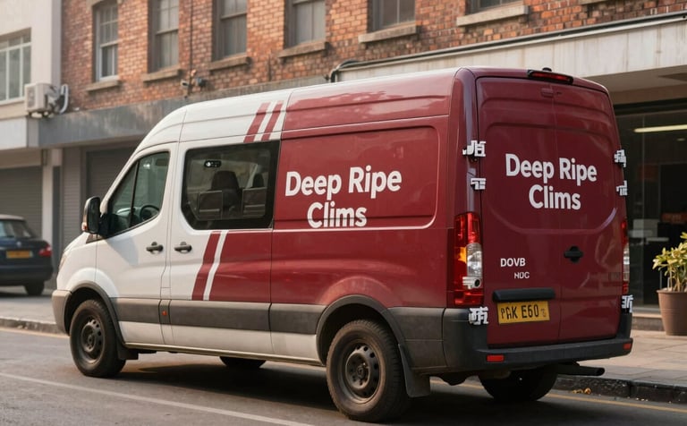 A professional photography shot of a delivery van with Deep Ripe Crimson branding, parked on a clean street in a South Asian / Bangladeshi city, soft morning light hitting a brick building in the background.