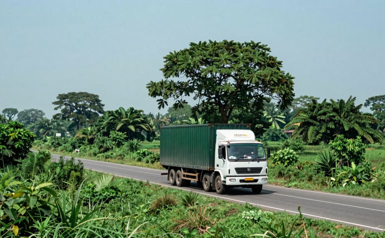 A cinematic wide-angle shot of a logistics truck driving along a scenic road through lush South Asian / Bangladeshi greenery, Matte Forest Green tones in the foliage under a bright, clear sky.