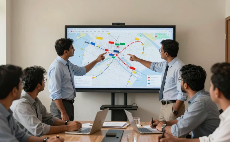 An indoor meeting in a South Asian / Bangladeshi professional setting, logistics experts pointing at a shipping route map on a screen, room decorated in Crisp Parchment tones.