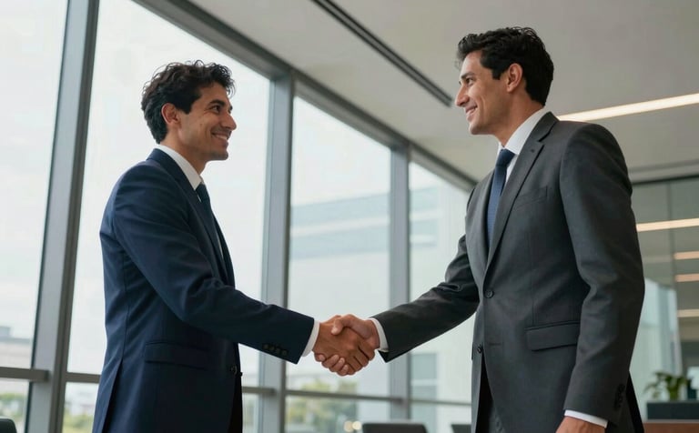 Two business partners shaking hands in a bright, modern South American / Brazilian corporate lobby, large windows, steel blue and pale grey architecture, reflecting confidence and professional partnership.
