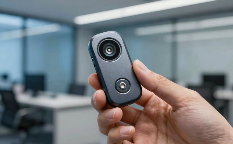 Close-up of a hand holding a sleek digital security token in a professional South American / Brazilian corporate environment, blurred background of a steel blue office interior, high-tech and secure feeling, sharp focus.