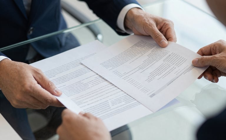 Close-up of a professional reviewing detailed financial and legal documents on a clean glass desk. The color palette includes steel blue accents and soft off-white paper. High-end, corporate aesthetic emphasizing attention to detail.