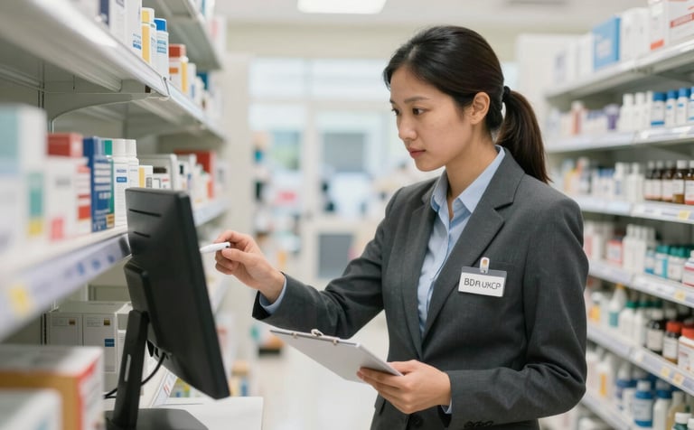 A professional auditor in business attire performing an inventory inspection in a clean, modern North American pharmacy. The shot is captured in natural daylight, highlighting a professional and transparent atmosphere.