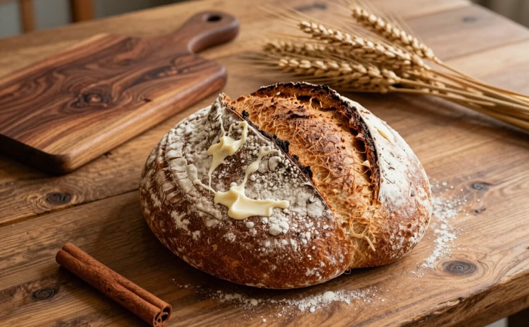 A warm, high-angle photograph of a rustic wooden table in a bakery. In the center sits a large, crusty loaf of artisanal sourdough bread, partially dusted with creamy buttermilk white flour. Next to it are dark cocoa brown wooden cutting boards and warm cinnamon brown wheat stalks. The atmosphere is traditional and artisanal, lit by soft morning sunlight.