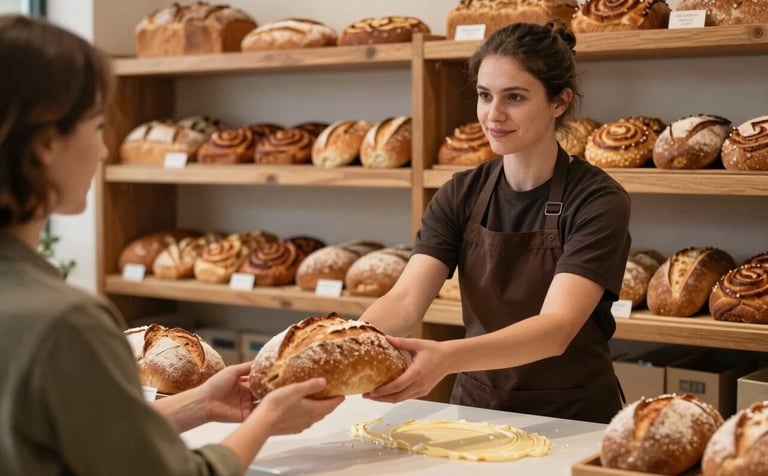 A welcoming interior shot of a bakery branch. A professional staff member in a dark cocoa brown apron is handing a fresh loaf to a customer over a creamy buttermilk white counter. The background shows wooden shelves filled with assorted warm cinnamon brown breads, creating an atmosphere of excellent customer service.