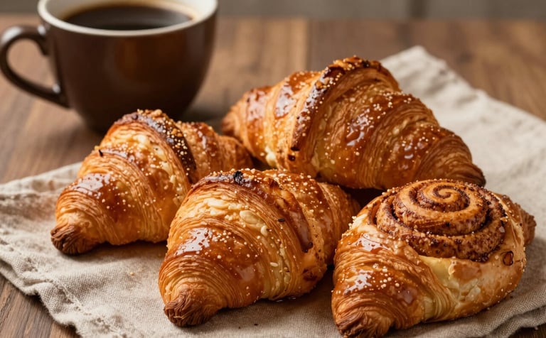 Close-up of golden, flaky croissants and cinnamon rolls resting on a soft almond tan linen cloth. The pastries have a warm cinnamon brown glaze that glitters under soft ambient lighting. In the background, a dark cocoa brown ceramic mug of coffee sits on a wooden surface, evoking a cozy, artisanal feeling.