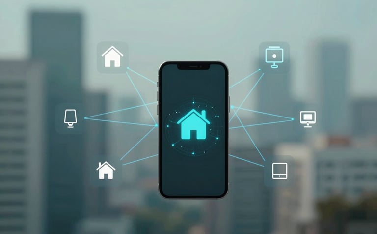 A conceptual digital landscape representing connectivity, with soft blue networking lines connecting a central mobile device to various smart home and wearable icons. Soft-focus background with a sophisticated atmosphere, utilizing #507D8C and #1A202C. High-tech and professional style.