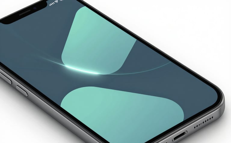 A close-up of a high-end smartphone displaying a sophisticated Android user interface with fluid, geometric shapes and glowing light trails. The design features soft shadows and a professional aesthetic, incorporating a palette of #1A202C, #507D8C, and #E0F2F7. Modern and user-centric.