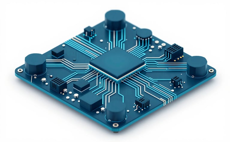 A 3D abstract representation of a digital architecture or motherboard, showing interconnected nodes and data paths. The style is clean and innovative, utilizing sharp geometric lines. The color scheme is dominated by #2F4858 and #507D8C with metallic highlights. Futuristic and robust mood.