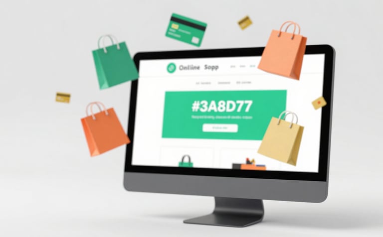 A dynamic 3D graphic showing various e-commerce elements like shopping bags and credit cards floating around a high-tech computer monitor. The monitor displays a vibrant online store with brand colors #3A8D7B and #D06A4E. Modern, professional, and energetic style.