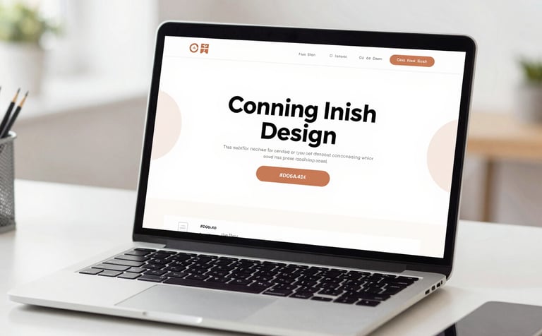 A high-quality, professional photograph of a laptop on a clean desk, displaying a vibrant, high-conversion landing page design. The design features bold typography and a call-to-action button in #D06A4E. The workspace is bright with soft natural light, conveying a contemporary and innovative web design environment.