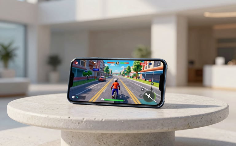 A high-end Android smartphone resting on a minimalist white stone table. The screen displays a colorful, high-definition 3D game. The background is a bright, airy lobby with professional architectural details and soft blue shadows. Global / International.