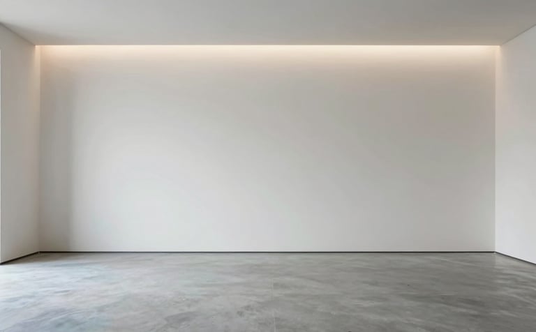 Wide shot of a minimalist interior space showing finished smooth walls in soft off-white and polished concrete flooring in light blue grey. Subtle recessed lighting creates a sophisticated and professional atmosphere. The scene represents perfect craftsmanship and engineering precision.