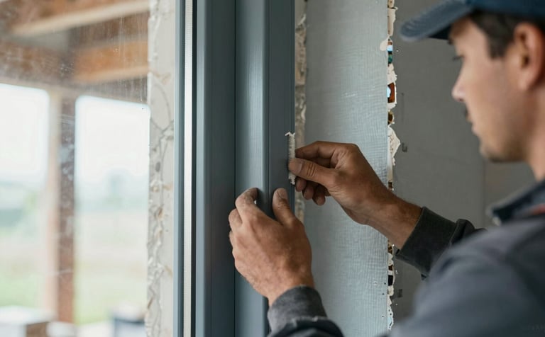 Close-up photography of a home renovation project in progress. A worker's hands, in professional gear, are carefully installing a high-quality window frame or wall insulation. The color palette features slate blue grey and light blue grey tones, signifying a clean and orderly workspace. Natural lighting coming through an open structure.
