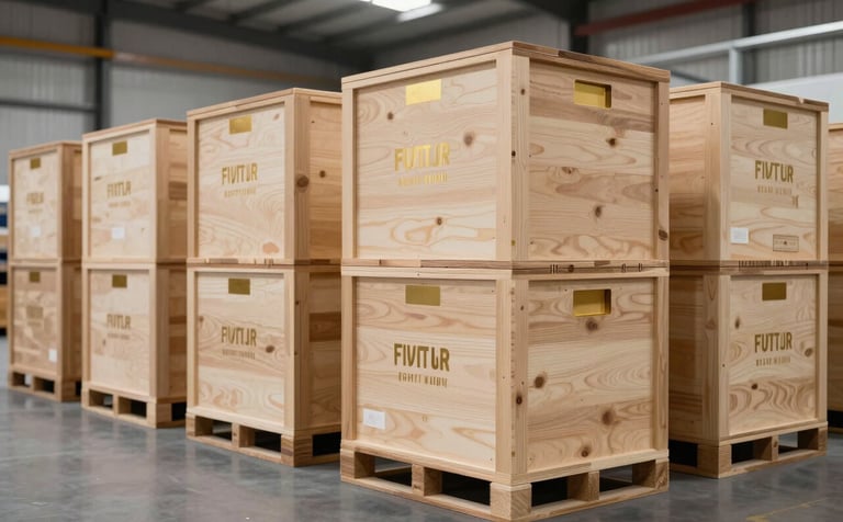 A clean, modern warehouse interior showing organized rows of high-quality wooden export crates branded with subtle gold accents. The lighting is bright and professional, highlighting a sophisticated supply chain operation.