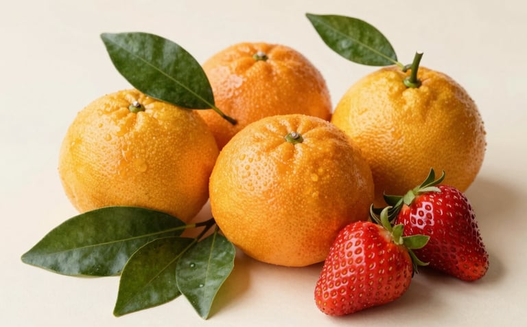 A high-end, close-up photograph of vibrant Egyptian citrus and strawberries resting on a clean soft cream surface. Soft natural lighting emphasizes the fresh textures and deep sage green leaves. Professional studio quality.