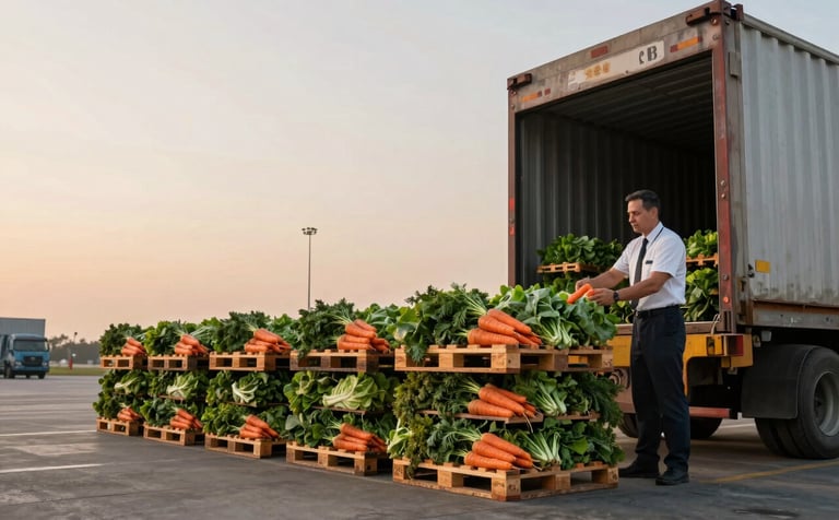 A professional wide shot of a cargo loading dock at dawn, with soft muted gold light on the horizon. Pallets of fresh carrots and leafy greens are being prepared for export. Sophisticated and authoritative atmosphere.