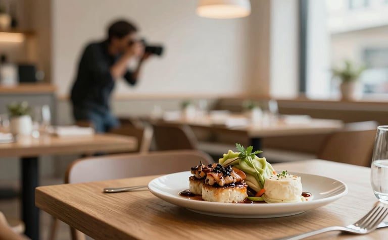 A cozy, Scandinavian-style restaurant interior with warm wood textures (#F8F2EA tones). A plate of gourmet food is professionally styled on a table. In the background, out of focus, a photographer is capturing content, representing Pomodoro's travel and tourism content services.