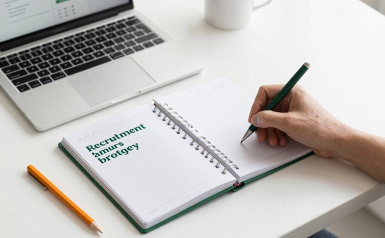 A high-angle shot of a clean, minimalist white desk with a planner and a laptop showing a recruitment strategy presentation. A hand is holding a pen, ready to write. The aesthetic is clean and crisp (#F8F2EA), with forest green (#224236) and orange (#E06D28) stationery items.