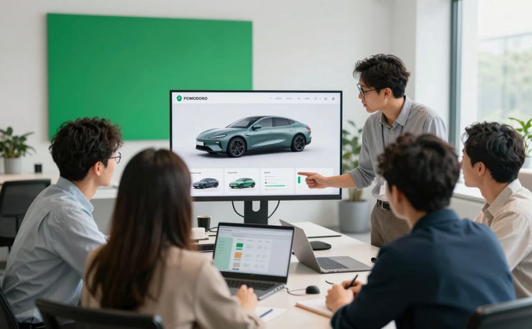 A professional behind-the-scenes shot of the Pomodoro agency team in a bright studio, planning a digital campaign for an automotive brand. They are looking at a screen showing sleek car renders and analytics. The lighting is soft and natural, featuring brand accents of #224236 and #E06D28 in the office decor.