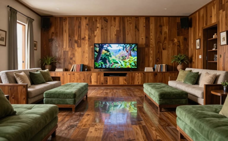 A serene reflection room inside the center in Oaxaca. The room features warm wood textures, comfortable seating, and a television screen showing a calming nature scene. The decor includes books and soft green accents, creating an atmosphere of dignity and quiet recovery.