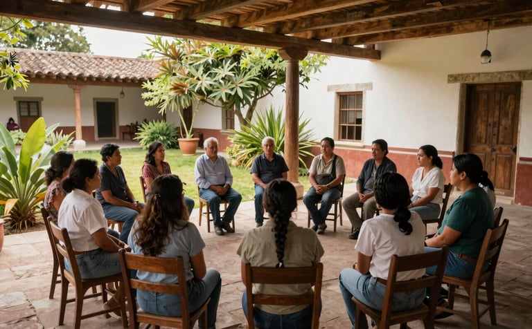 A group therapy session taking place in a peaceful outdoor courtyard of a Oaxacan hacienda. People are seated in a circular arrangement under a wooden porch, surrounded by lush gardens. The lighting is warm and natural, suggesting a sense of community, trust, and peace.
