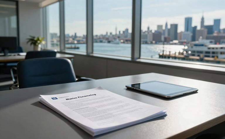 A professional and modern office interior overlooking a busy North American / US harbor. A desk features marine financing documents and a tablet, with sunlight streaming through large windows. The color palette emphasizes steel blue and deep navy for a trustworthy feel.