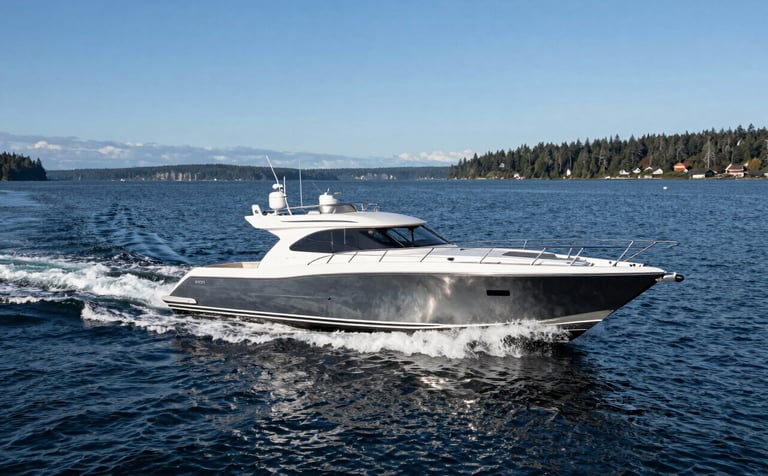 A high-end modern motorboat cruising smoothly on the Pacific Northwest waters near Friday Harbor. The scene is captured in clear daylight with North American / US coastal scenery in the distance. The deep navy of the water and steel blue of the sky reflect a professional and serene mood.
