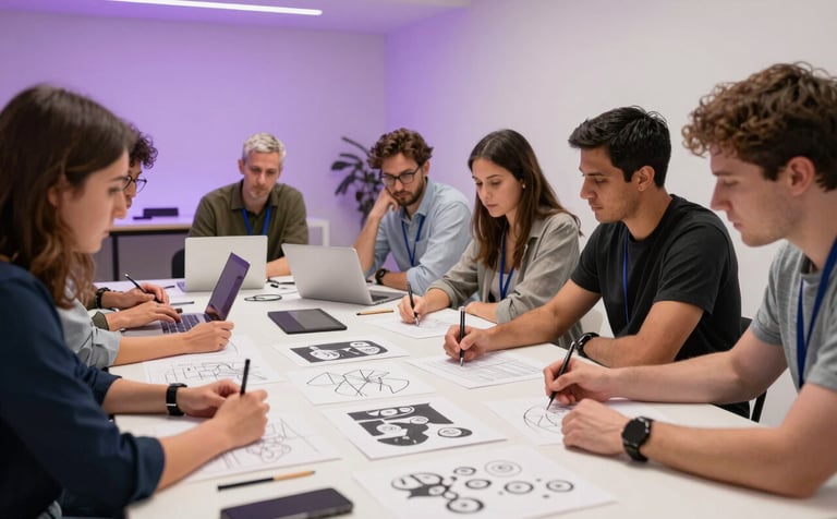 Action shot of a collaborative design thinking session. Professionals in a bright, international studio are working with sketches and prototypes on a large table. Soft purple lighting elements and white walls create a premium, inspiring environment.