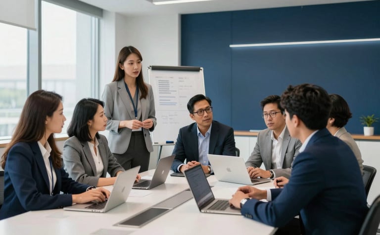 A premium photography shot of a high-tech corporate training room. A group of professionals in North American business casual attire are discussing ethics and technology. The room is decorated with clean white and deep indigo accents. Soft natural light, modern and professional atmosphere.